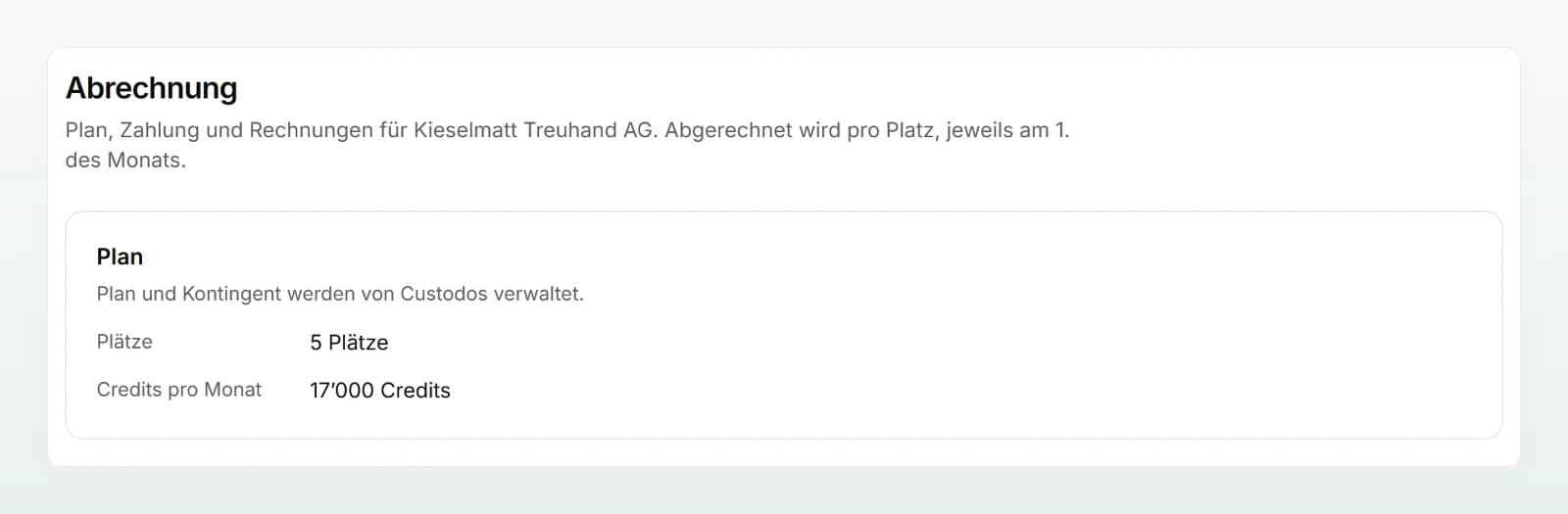 Die Seite «Abrechnung» mit der Karte «Plan» des Workspace: Plätze und Credits pro Monat.