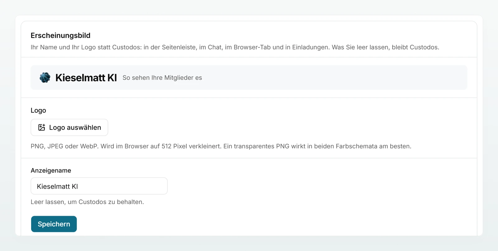 Der Bereich «Erscheinungsbild» mit Vorschau, Logo, dem Feld «Anzeigename» mit Kieselmatt KI und dem Block «Ihr Anmeldelink».
