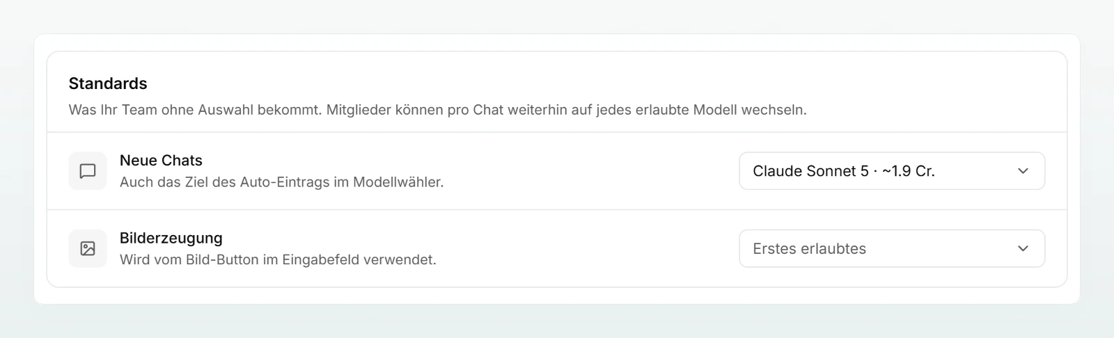Die Karte «Standards» mit dem voreingestellten Modell für «Neue Chats» und für die Bilderzeugung.