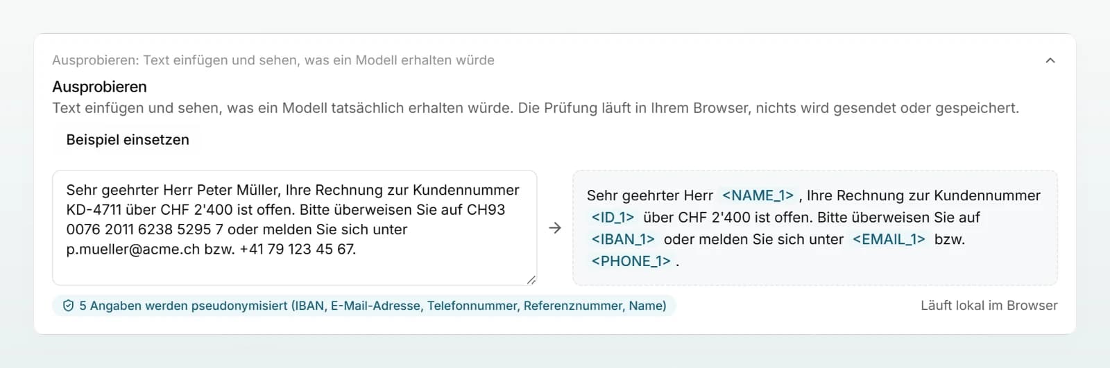 Das Feld «Ausprobieren» mit einem Beispieltext und daneben dem Ergebnis, in dem Name, IBAN, E-Mail und Telefonnummer als Platzhalter stehen.