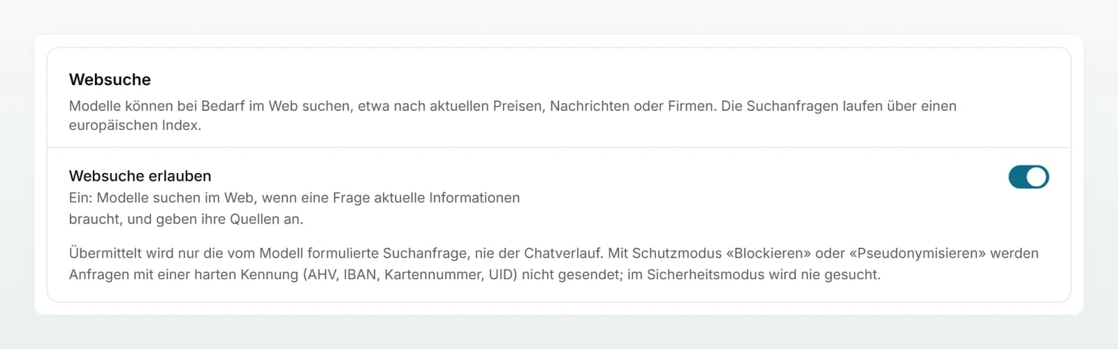 Der Bereich «Websuche» in den Einstellungen mit dem eingeschalteten Schalter «Websuche erlauben» und dem Hinweis, was übermittelt wird.