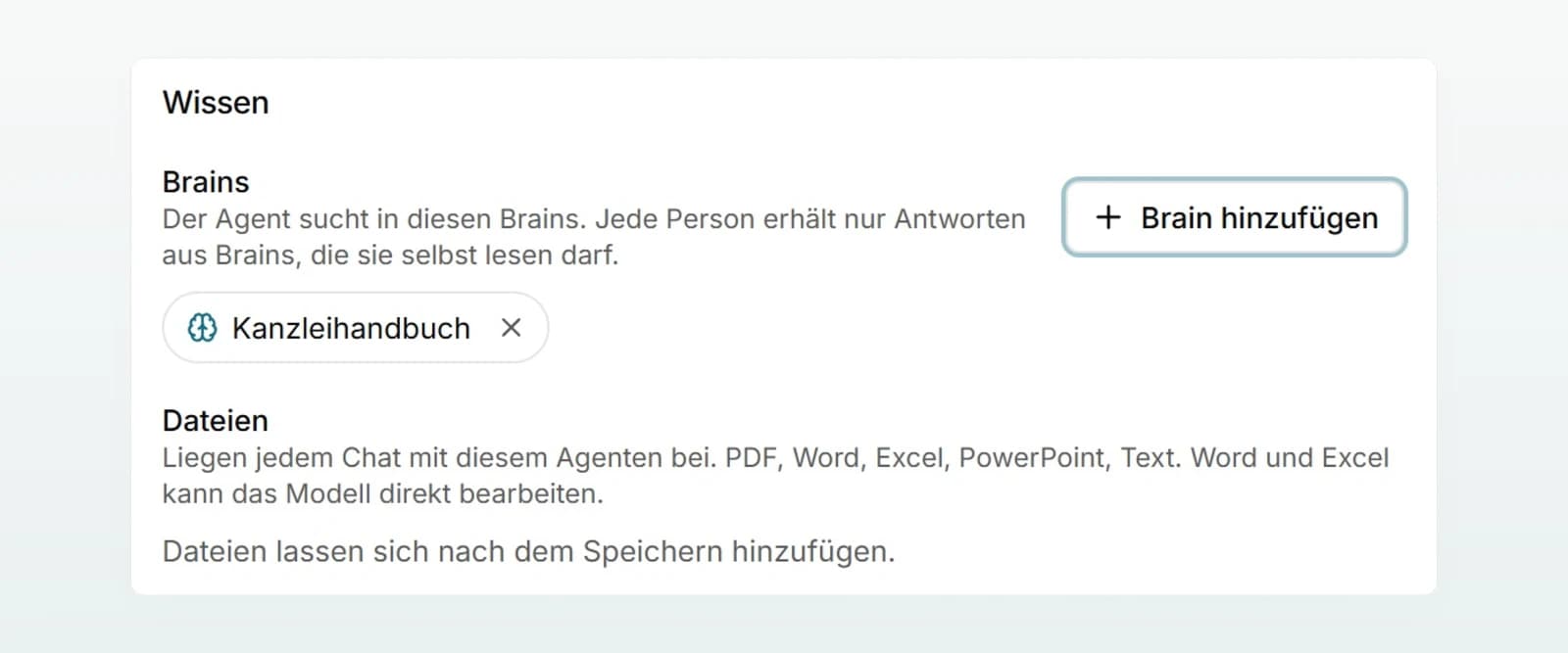 Der Abschnitt «Wissen» des Offerten-Agenten mit dem angehängten Kanzleihandbuch, den «Dateien» und dem Schalter «Websuche».