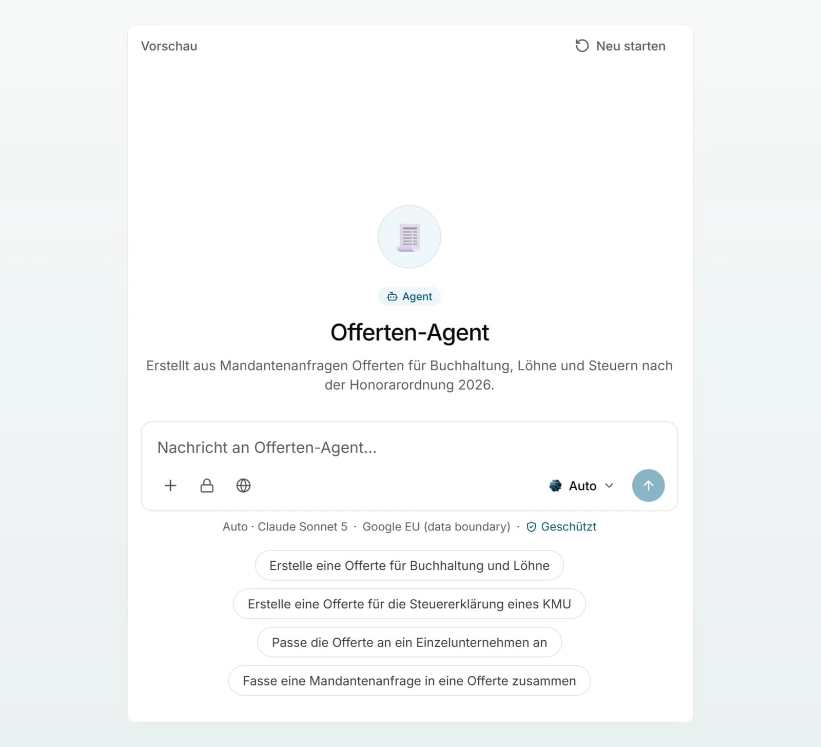 Die «Vorschau» des Offerten-Agenten mit «Neu starten», Symbol, Name, Beschreibung, Eingabefeld und den Gesprächseinstiegen.