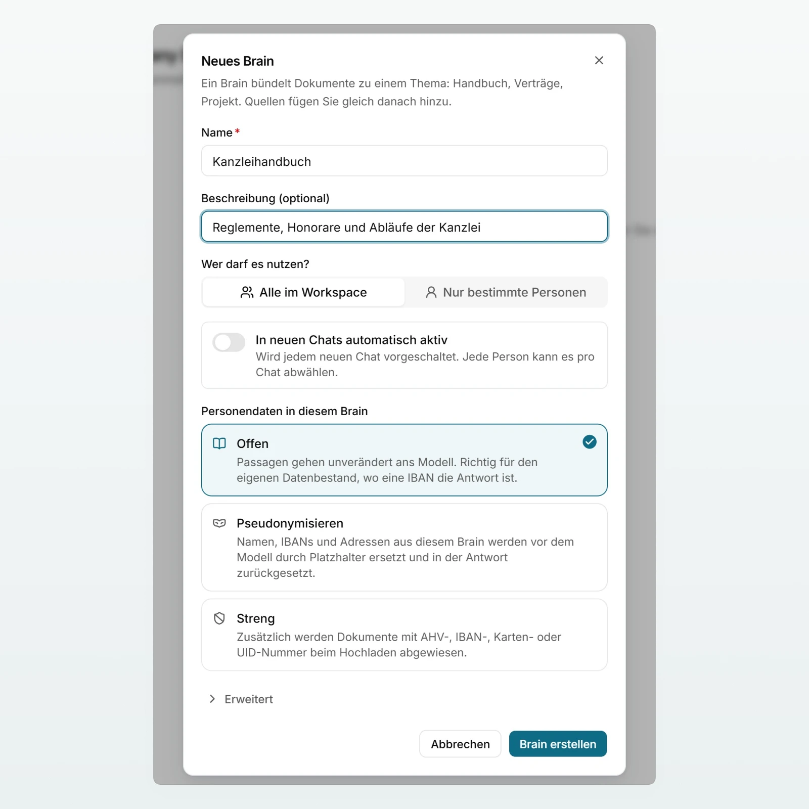 Der Dialog «Neues Brain» mit dem Namen Kanzleihandbuch, «Alle im Workspace» und den Stufen «Offen», «Pseudonymisieren» und «Streng».