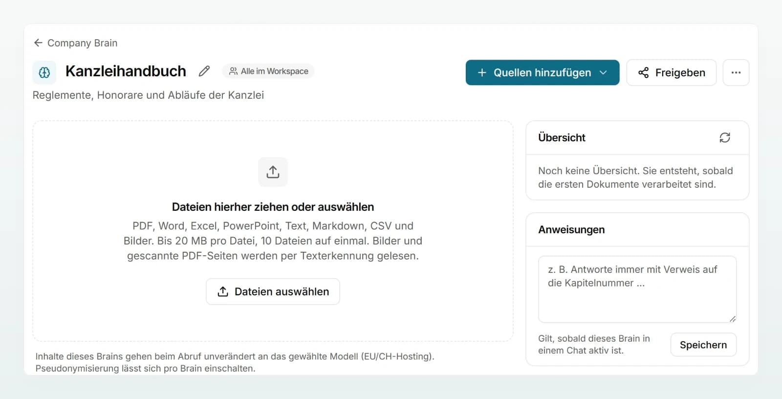 Das neue Kanzleihandbuch mit der Ablagefläche «Dateien hierher ziehen oder auswählen» und den Karten «Übersicht» und «Anweisungen».