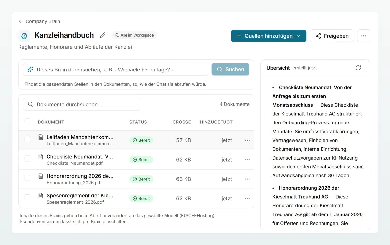 Das Kanzleihandbuch mit vier Dokumenten im Status «Bereit» und der daraus erstellten «Übersicht».
