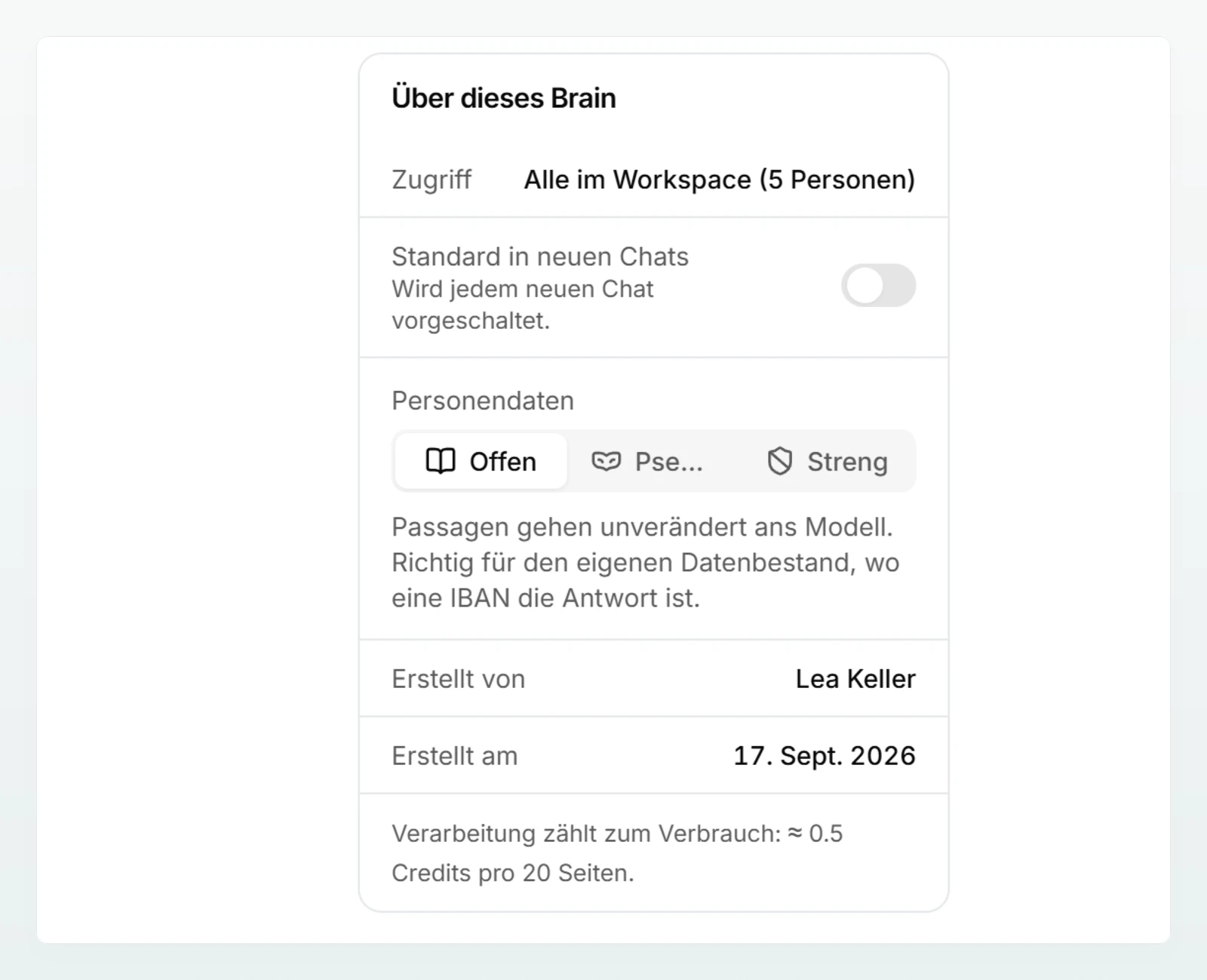 Die Karte «Über dieses Brain» mit «Zugriff», der Einstellung «Personendaten» und dem Schalter «Standard in neuen Chats».