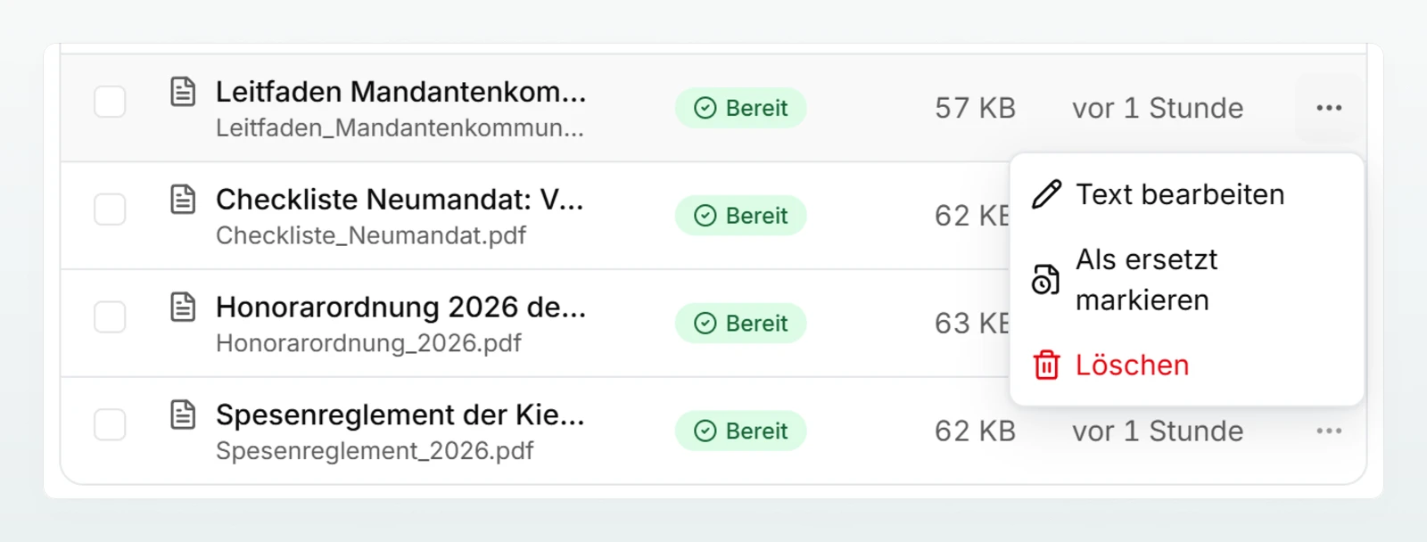Das Aktionsmenü einer Dokumentzeile im Kanzleihandbuch mit «Text bearbeiten», «Als ersetzt markieren» und «Löschen».