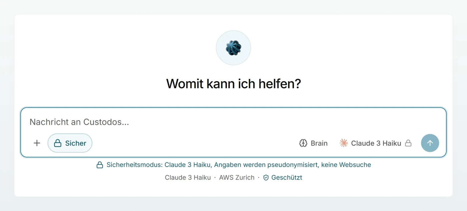 Ein neuer Chat im Sicherheitsmodus: das Eingabefeld mit «Sicher» und die Zeile mit festem Modell, Pseudonymisierung und ohne Websuche.