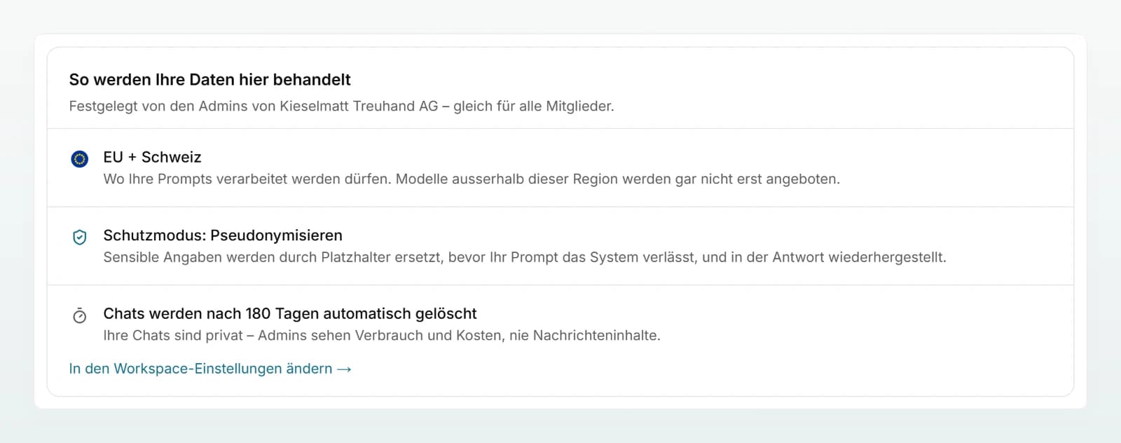 Die Karte «So werden Ihre Daten hier behandelt»: Region «EU + Schweiz», Schutzmodus «Pseudonymisieren», Löschung nach 180 Tagen.