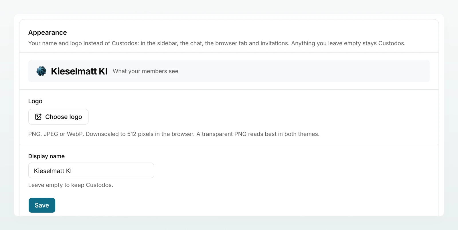 The “Appearance” section with the preview, the logo, the “Display name” field set to Kieselmatt KI and “Your sign-in link”.