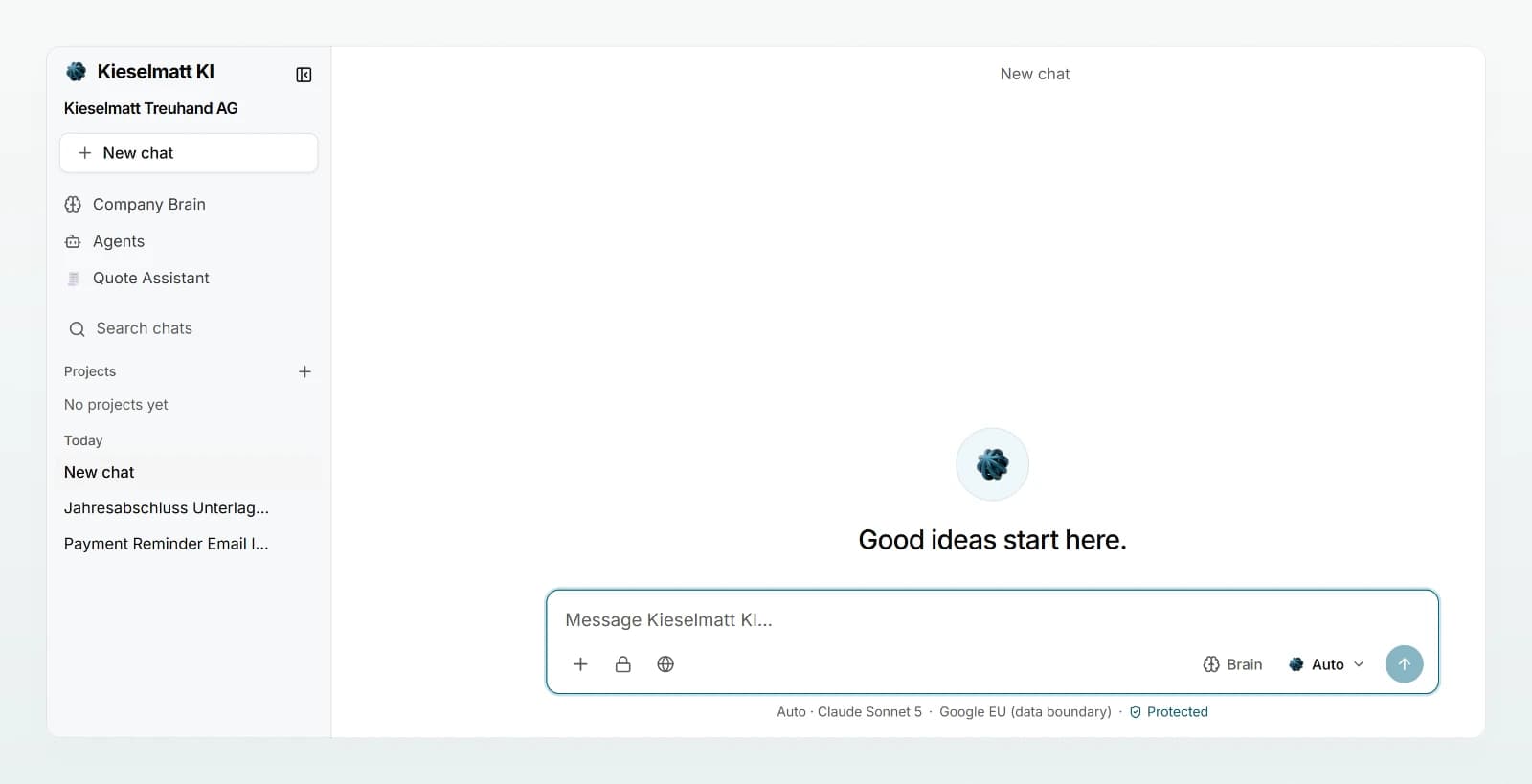 Custodos with custom branding: the sidebar and the message box show the name Kieselmatt KI instead of Custodos.
