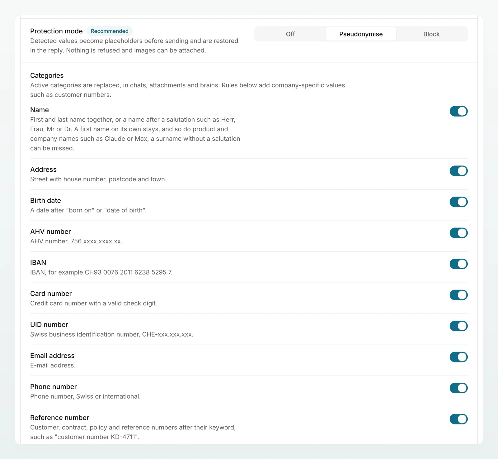 The “Data protection” section in the settings: the “Protection mode” row with the choice Off, Pseudonymise (selected) and Block, and below it the categories, each with a switch.