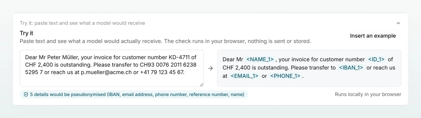 The “Try it” panel with a sample text and, beside it, the result in which the name, IBAN, email and phone number appear as placeholders.