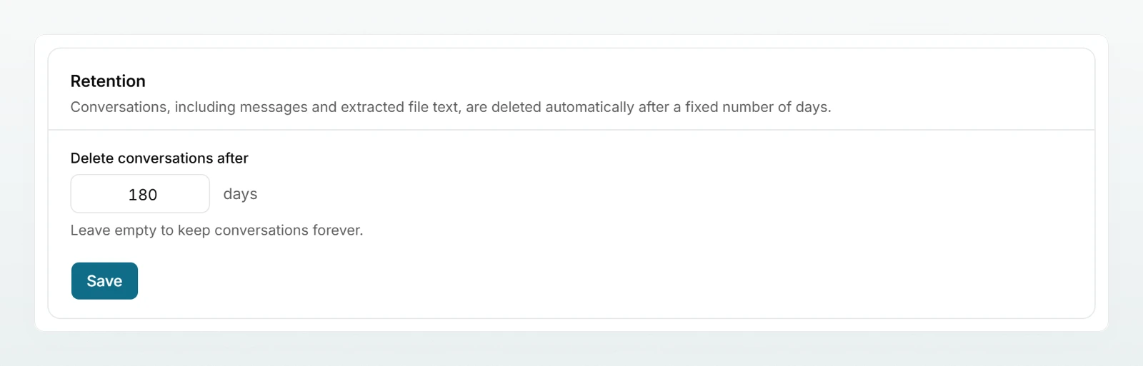 The “Retention” section with the “Delete conversations after” field set to 180 days and the “Save” button.