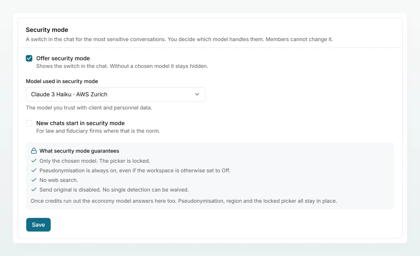 The “Security mode” section with “Offer security mode”, the model choice and the list “What security mode guarantees”.