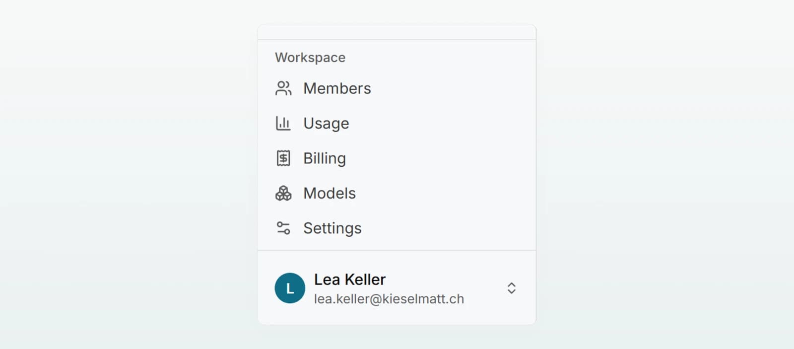 The lower sidebar: “Members”, “Usage”, “Billing”, “Models” and “Settings” under “Workspace”, with Lea Keller’s account below.