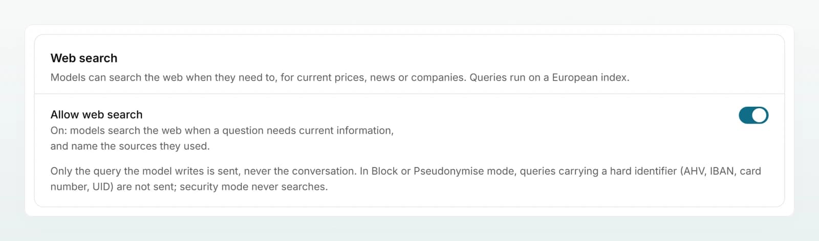 The “Web search” section in the settings with the “Allow web search” switch turned on and the note on what is sent.