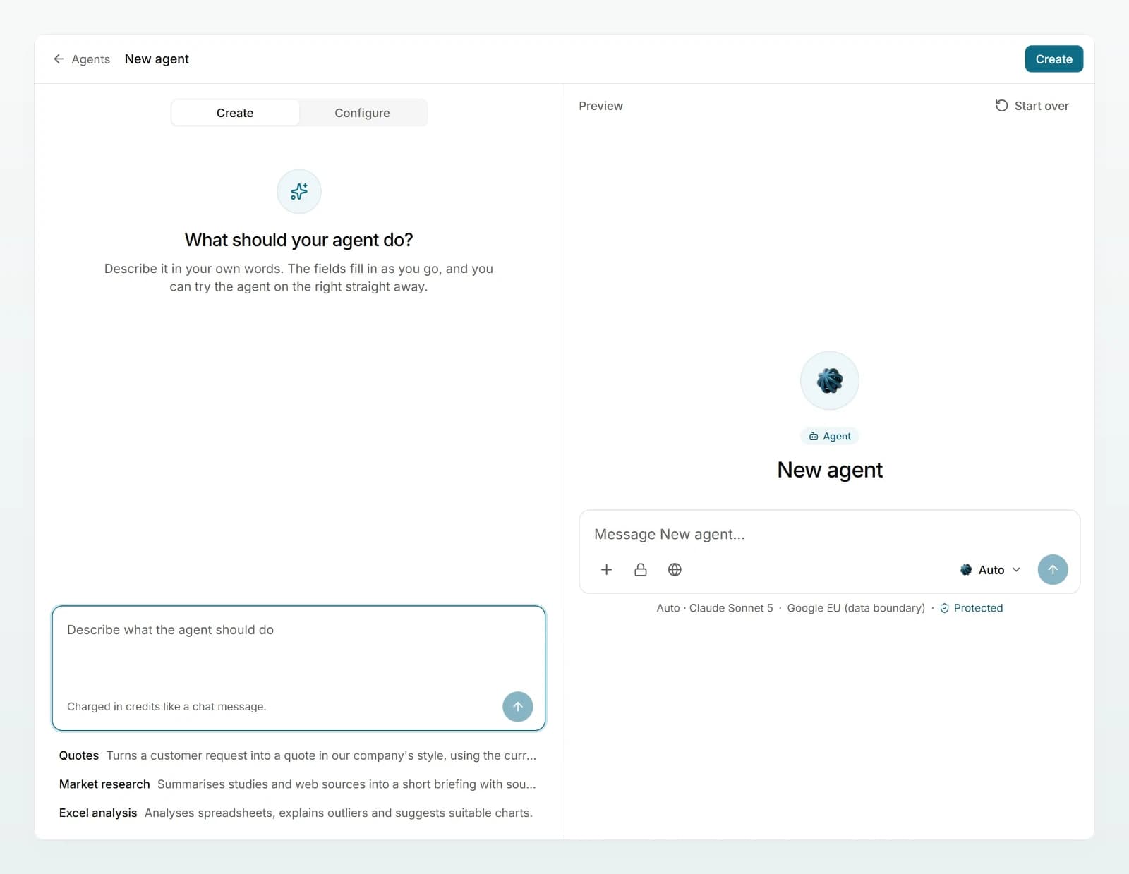 The editor of a new agent: “What should your agent do?” with an empty input and examples on the left, the empty “Preview” on the right.