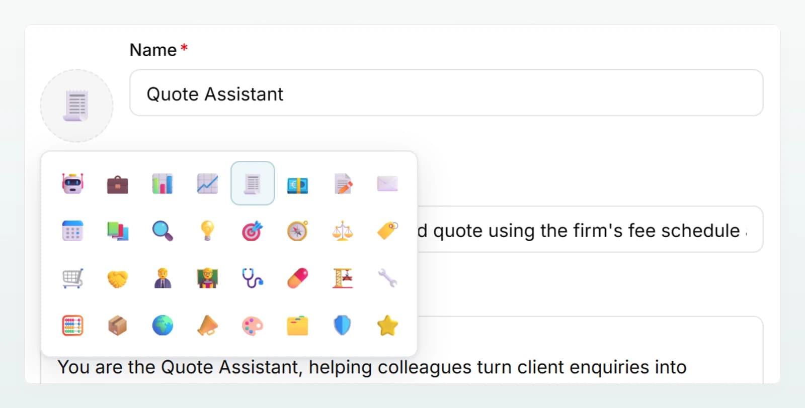 The open icon picker of the Quote Assistant on the “Configure” tab: a grid of emoji beside the “Name” field.