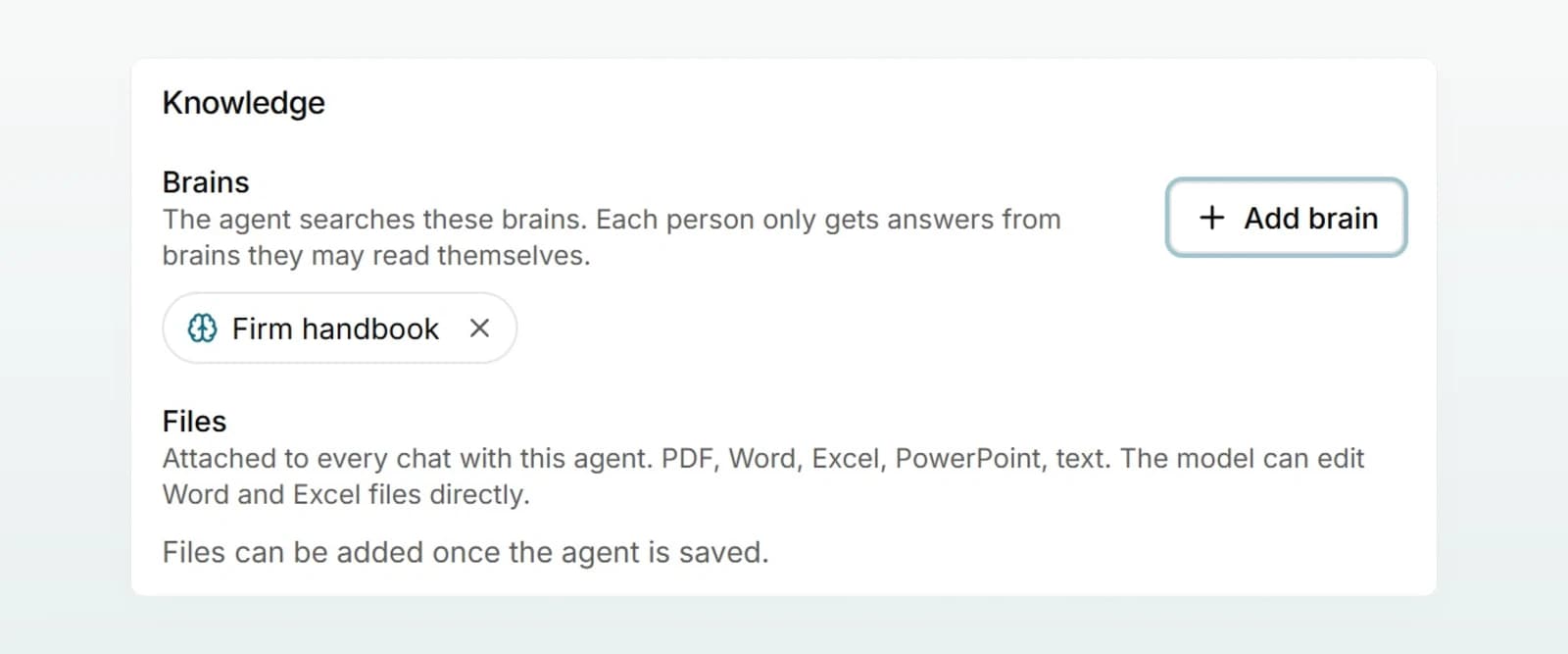 The Quote Assistant “Knowledge” section with the Firm handbook attached, “Files” and the “Web search” switch.
