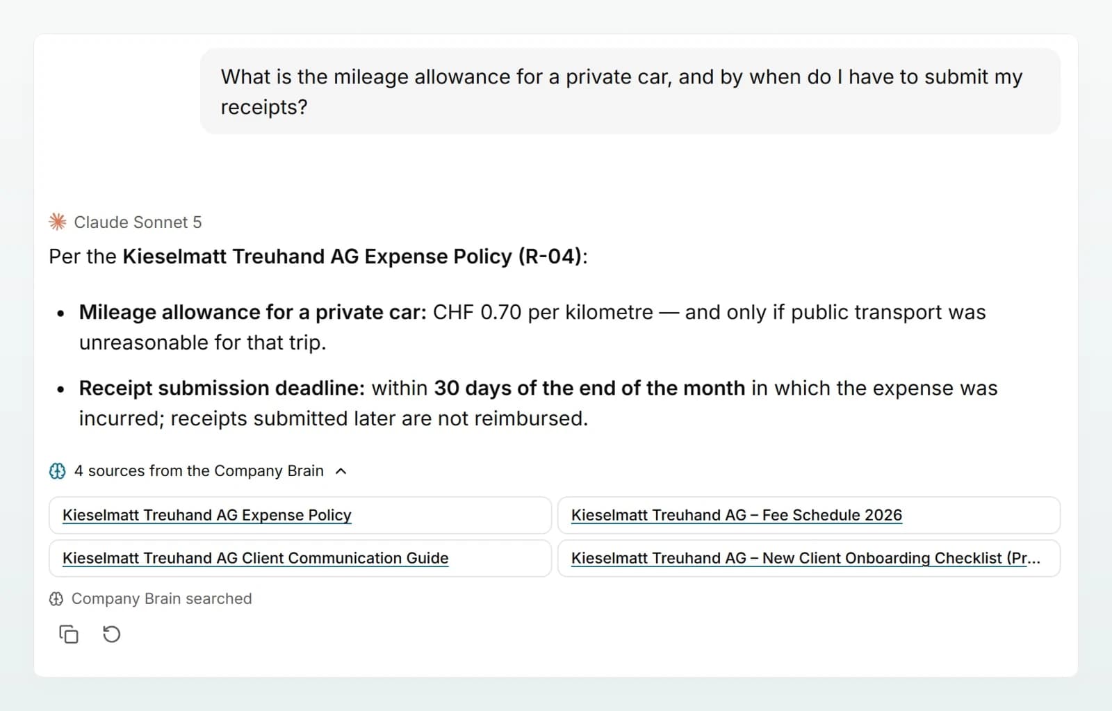 An answer on the mileage allowance with the reference [1] and the expanded list of Company Brain sources naming the Expense Policy 2026.