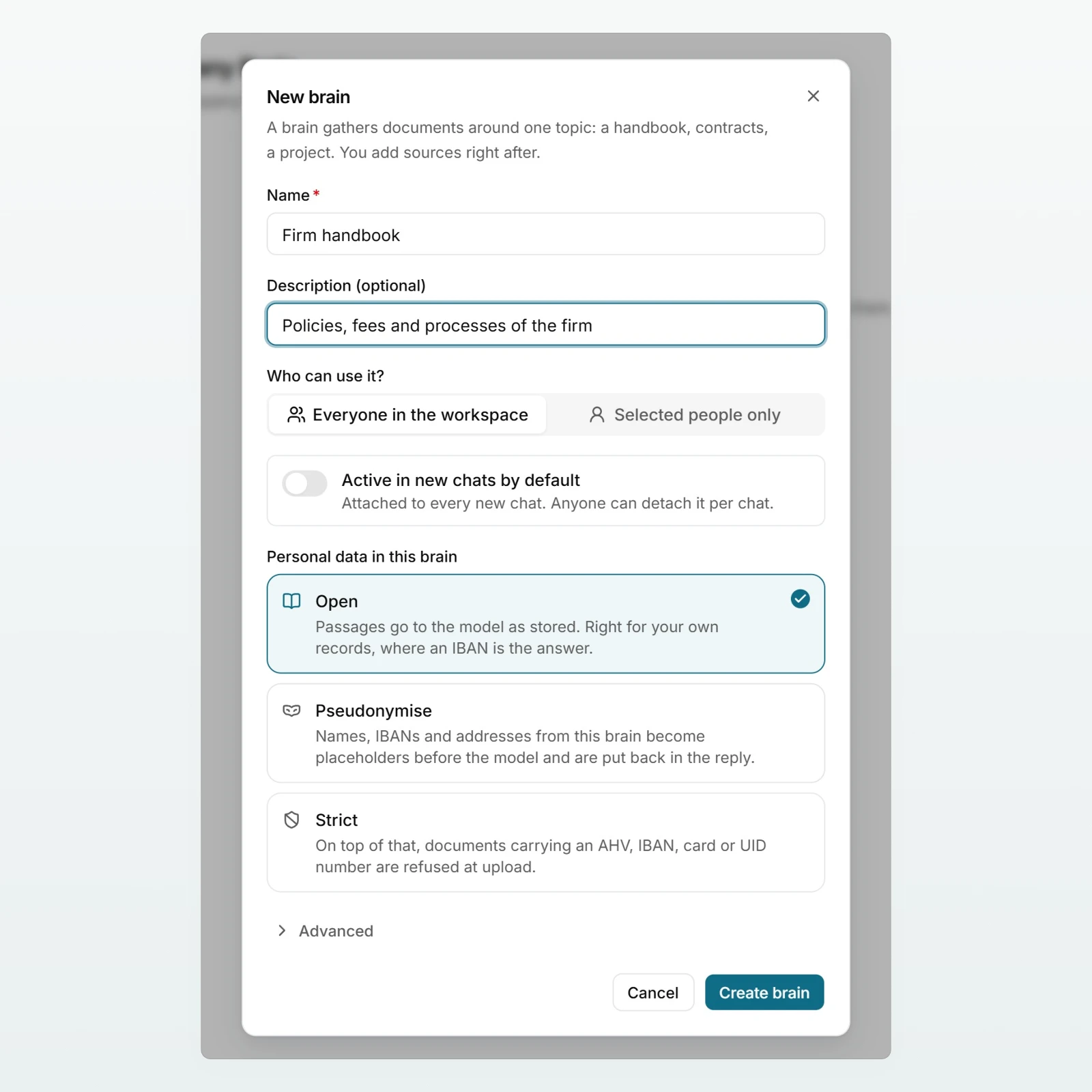 The “New brain” dialog with the name Firm handbook, “Everyone in the workspace” and the levels “Open”, “Pseudonymise” and “Strict”.