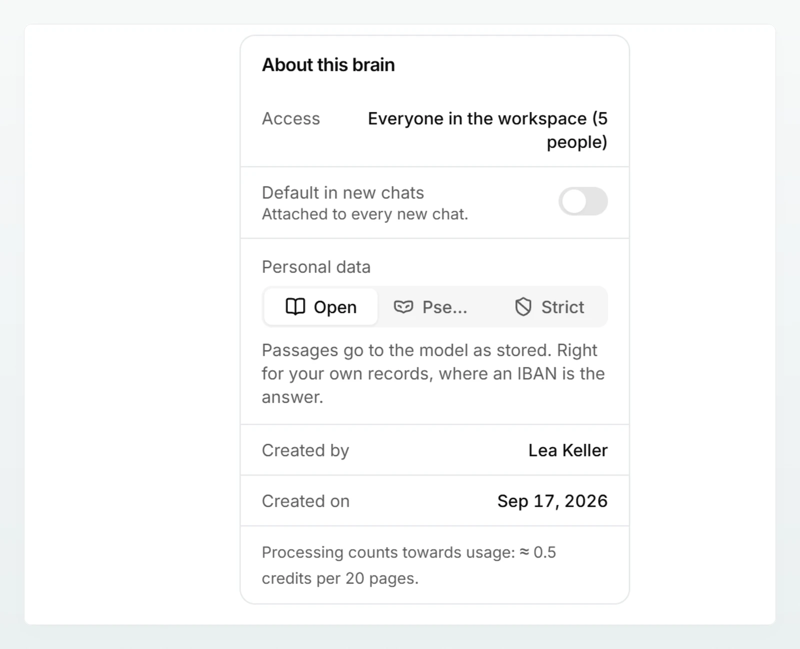 The “About this brain” card with “Access”, the “Personal data” setting and the “Default in new chats” switch.