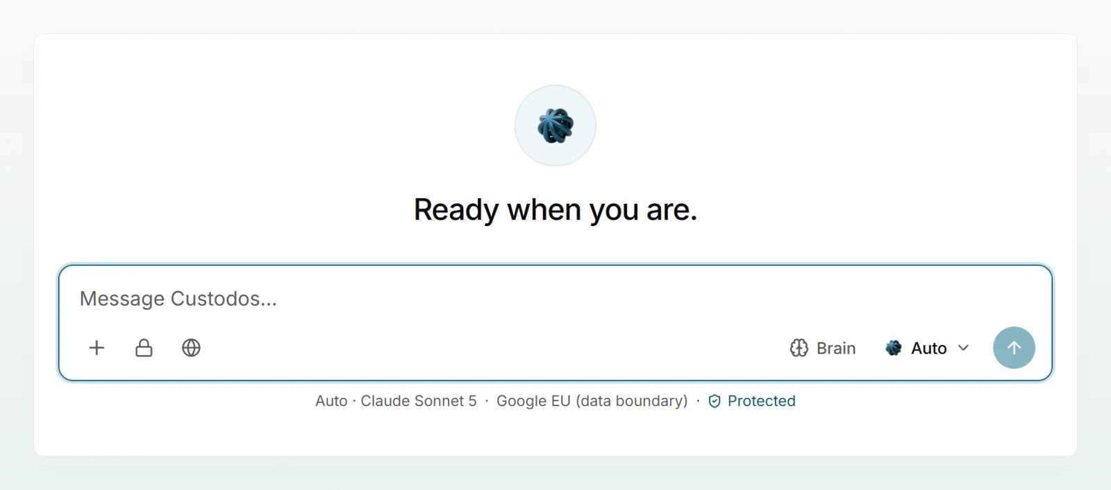 A new, empty chat with the greeting, the message box and its tools, and the line showing model, region and “Protected”.