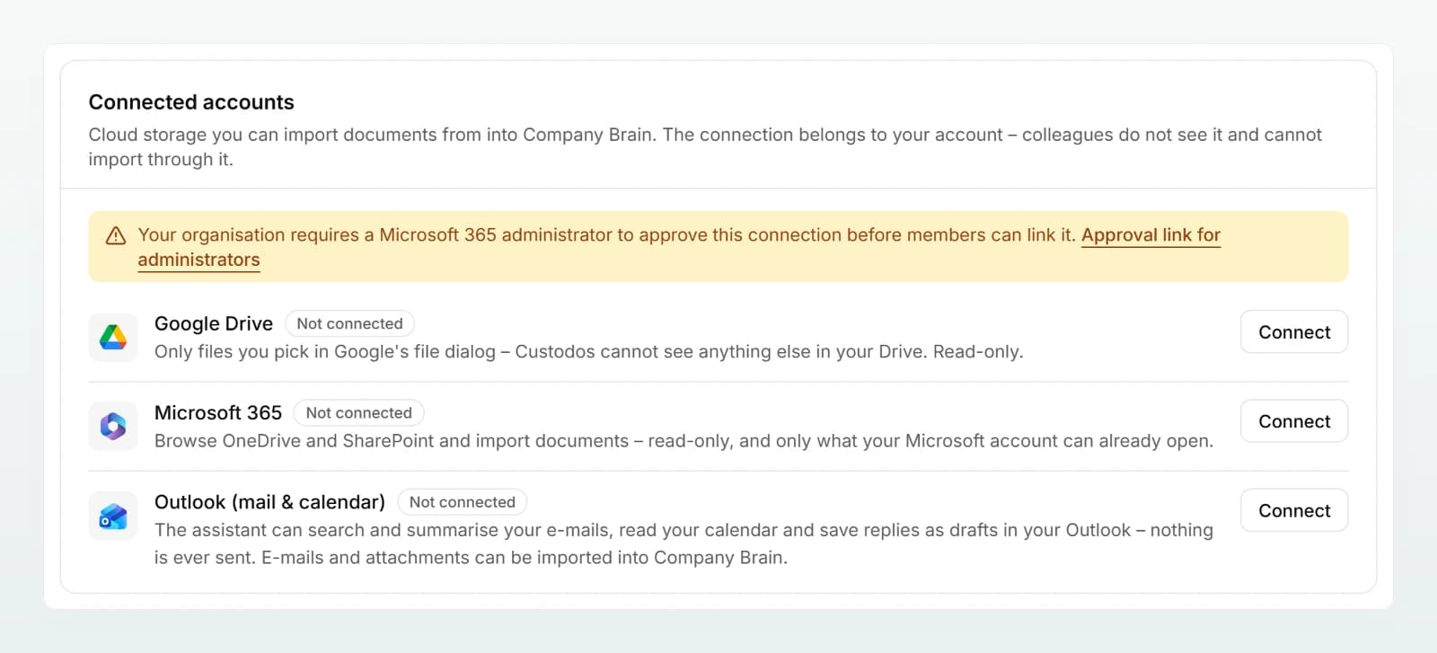 The “Connected accounts” card with the notice that a Microsoft 365 administrator must approve and the “Approval link for administrators”.