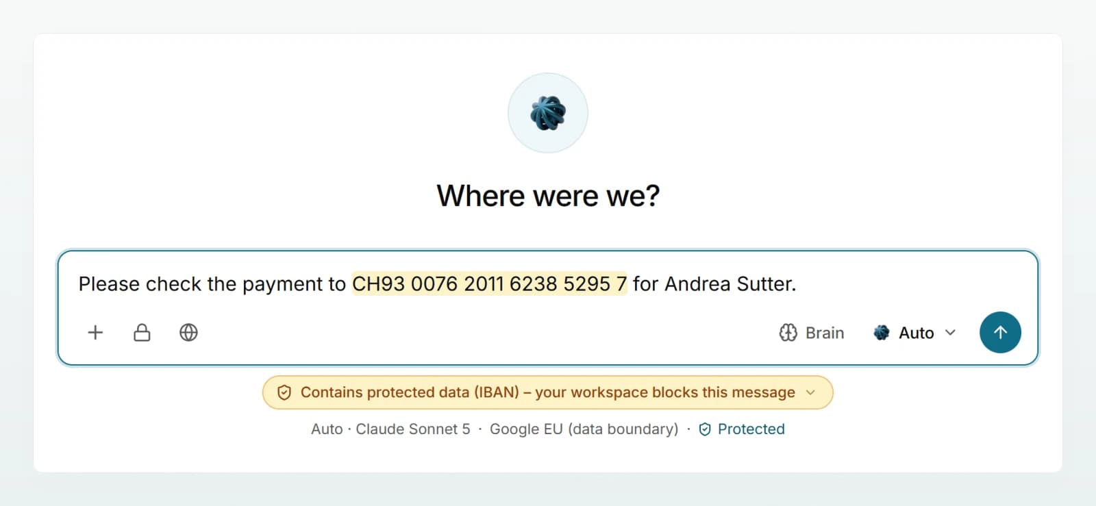 A workspace in “Block” mode: the IBAN in the message box is marked and the notice below says the message is blocked.