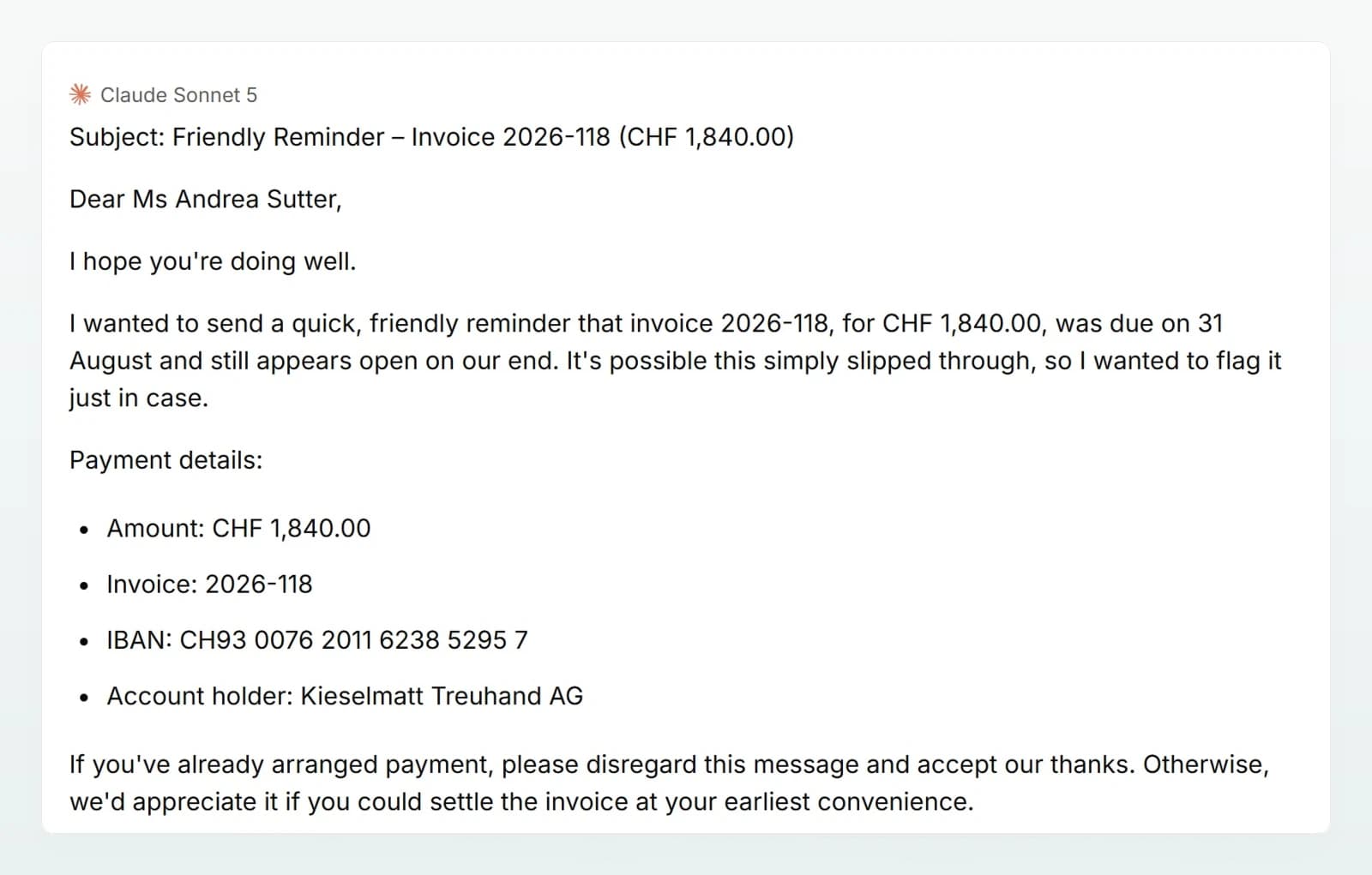 The sent message with its pseudonymisation note and the model’s payment reminder showing the real name and IBAN.
