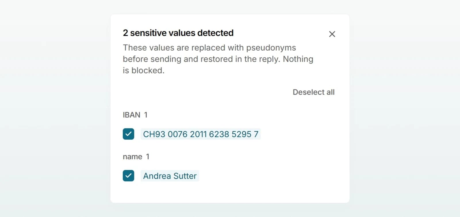 The review panel beside the chat with the detected name and IBAN, both ticked, and the “Deselect all” link.