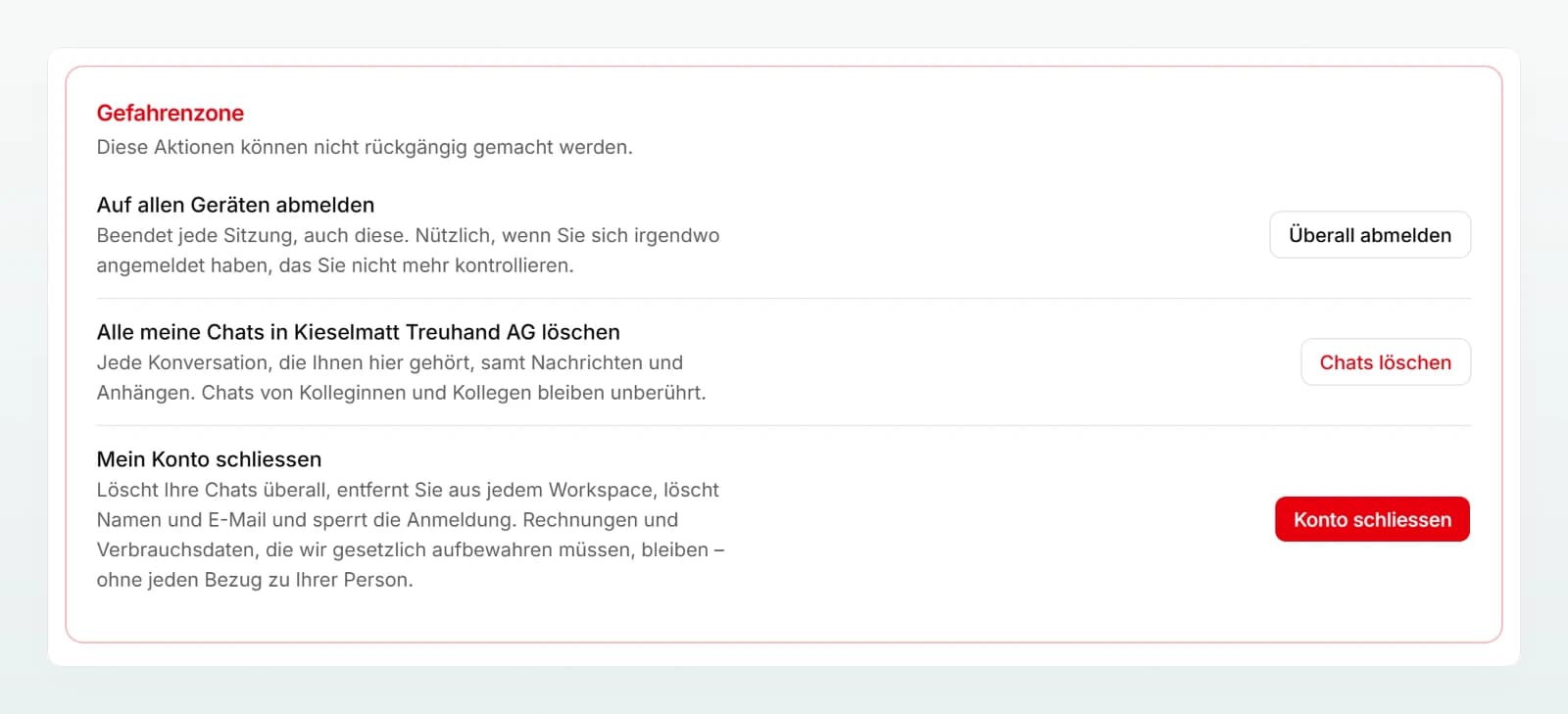 Die «Gefahrenzone» des Kontos mit «Überall abmelden», «Chats löschen» und dem roten Knopf «Konto schliessen».