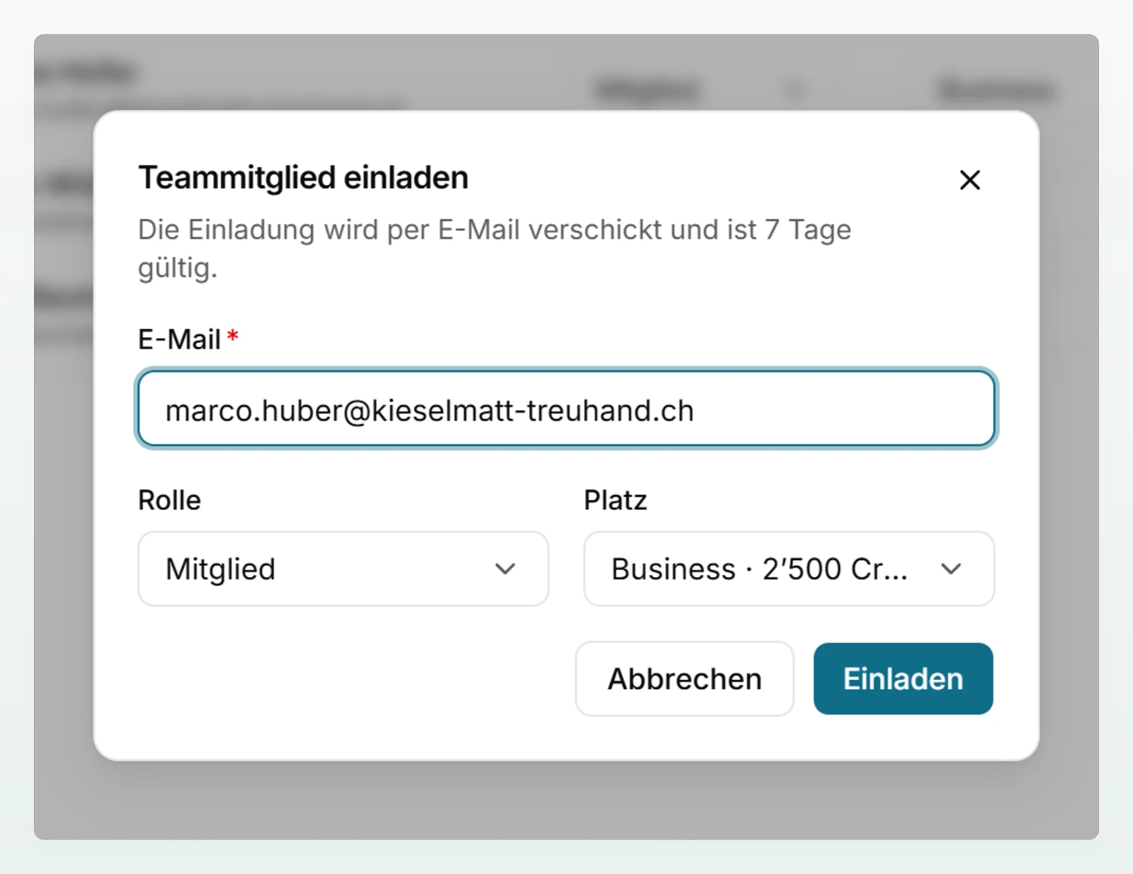Der Dialog «Teammitglied einladen» mit einer eingetragenen E-Mail-Adresse, der Rolle «Mitglied» und der Auswahl des Platzes.