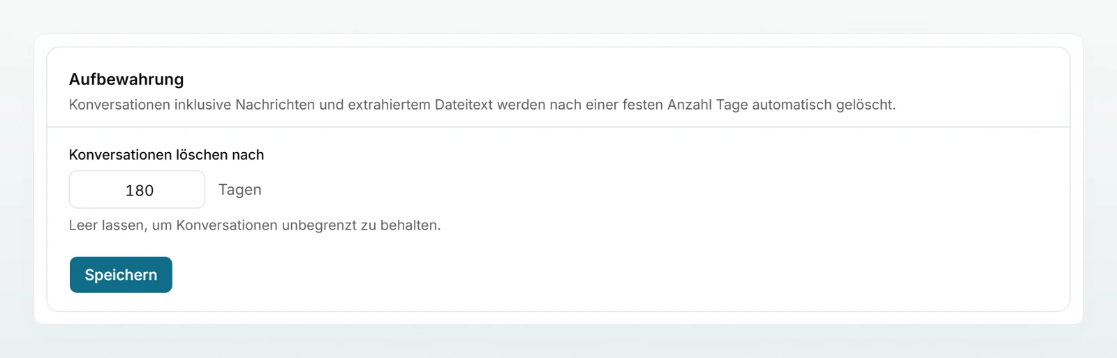 Der Bereich «Aufbewahrung» mit dem Feld «Konversationen löschen nach», in dem 180 Tage stehen, und der Schaltfläche «Speichern».