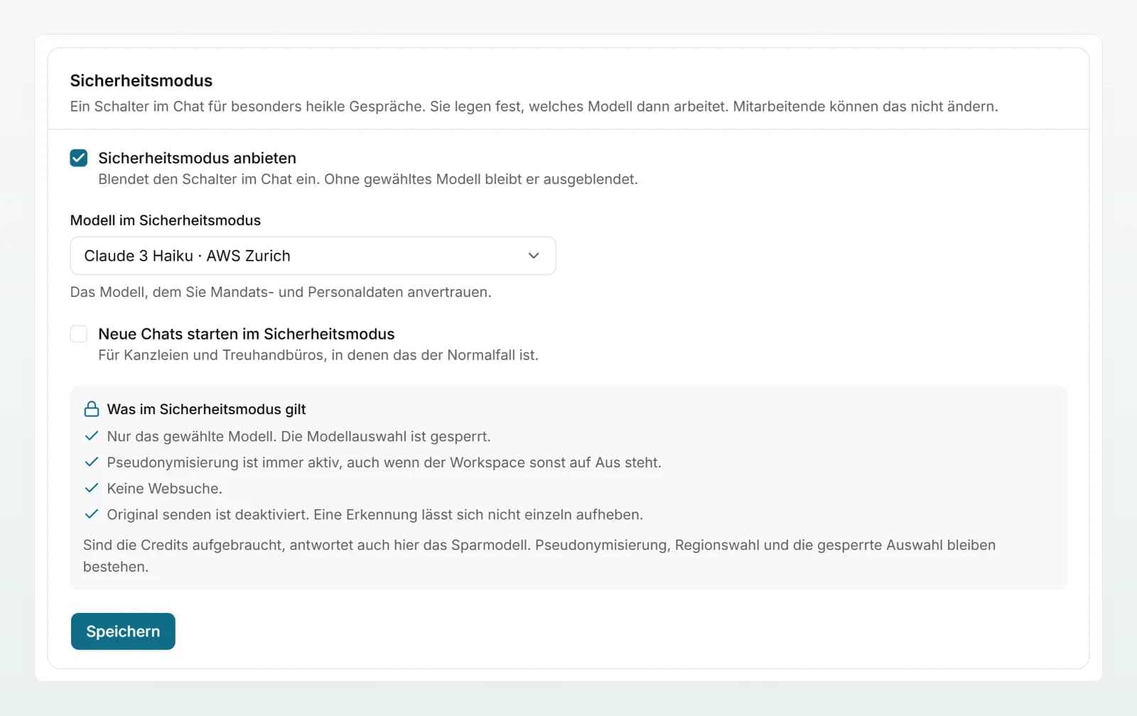 Der Bereich «Sicherheitsmodus» mit «Sicherheitsmodus anbieten», der Modellwahl und der Liste «Was im Sicherheitsmodus gilt».