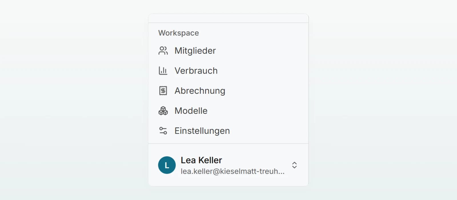 Der untere Teil der Seitenleiste: «Mitglieder», «Verbrauch», «Abrechnung», «Modelle» und «Einstellungen» unter «Workspace», darunter Lea Keller.