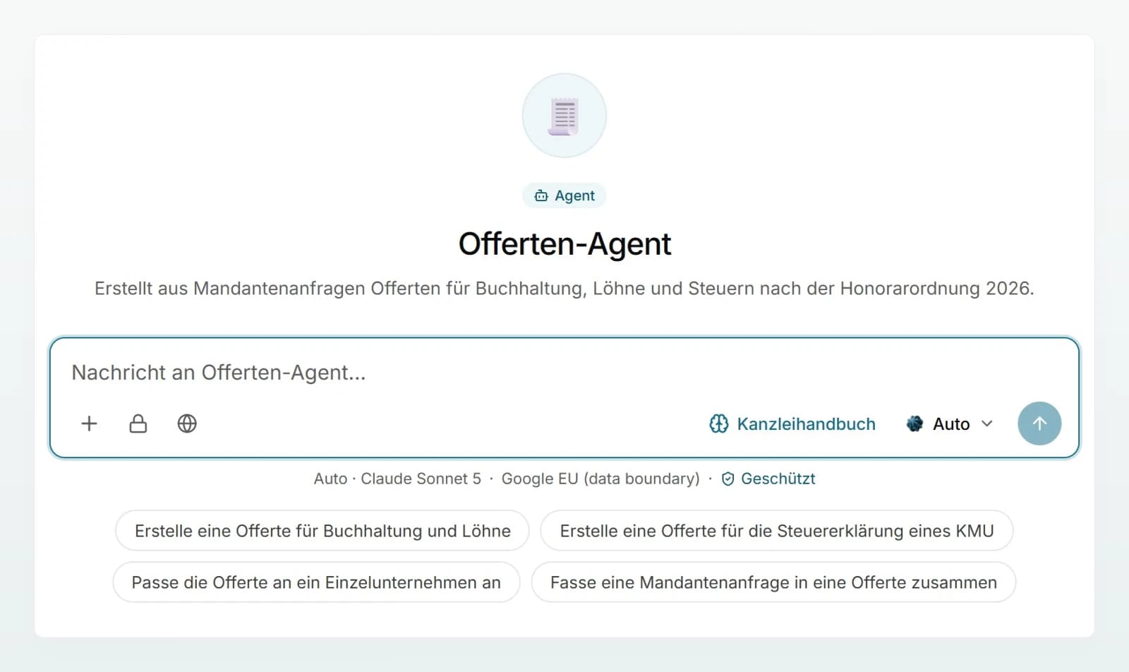 Ein neuer Chat mit dem Offerten-Agenten: Symbol, Name, Beschreibung, das Eingabefeld mit dem Kanzleihandbuch und die Gesprächseinstiege.