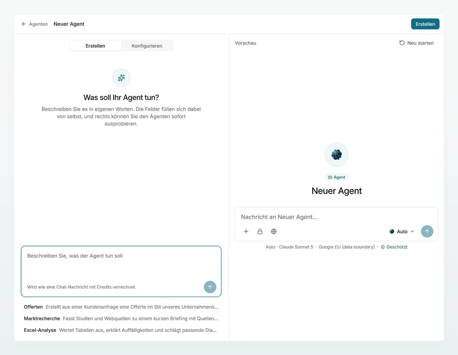 Der Editor eines neuen Agenten: links «Was soll Ihr Agent tun?» mit leerem Eingabefeld und Beispielen, rechts die leere «Vorschau».