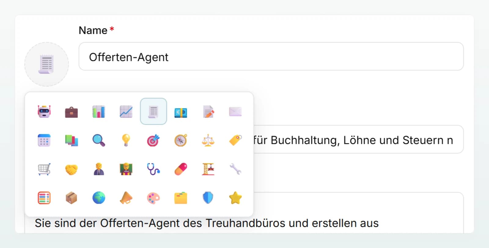 Die geöffnete Symbolauswahl des Offerten-Agenten im Tab «Konfigurieren»: ein Raster mit Emojis neben dem Feld «Name».