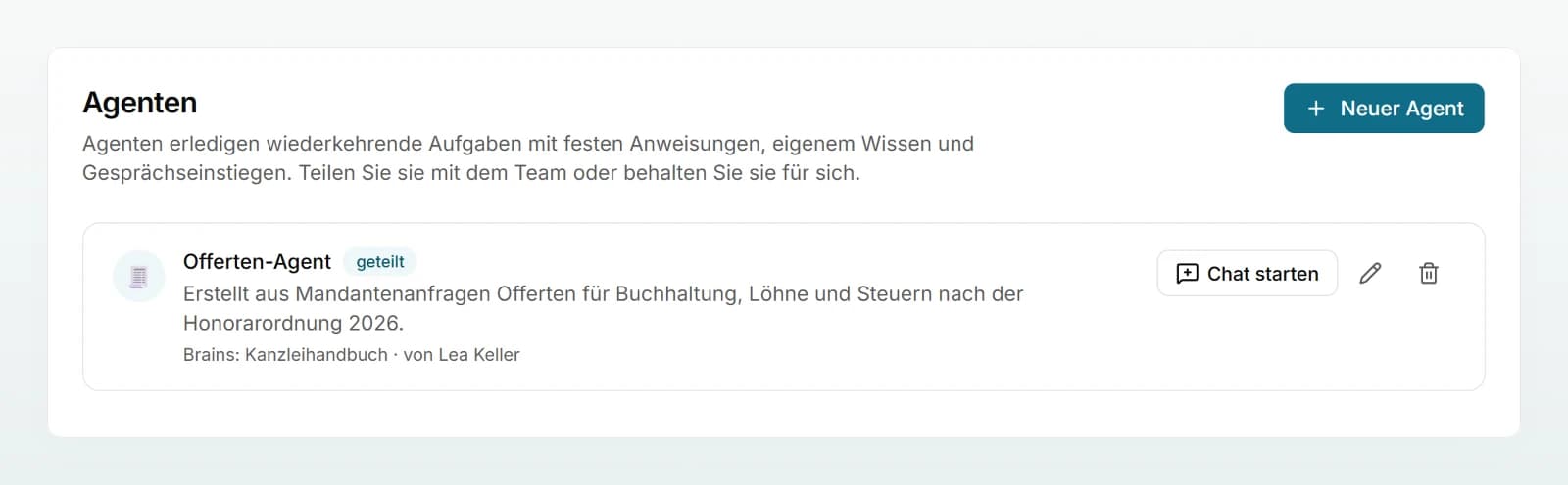 Die Seite «Agenten» mit dem geteilten Offerten-Agenten, seinen Schaltflächen «Chat starten», Bearbeiten und Löschen sowie «Neuer Agent».