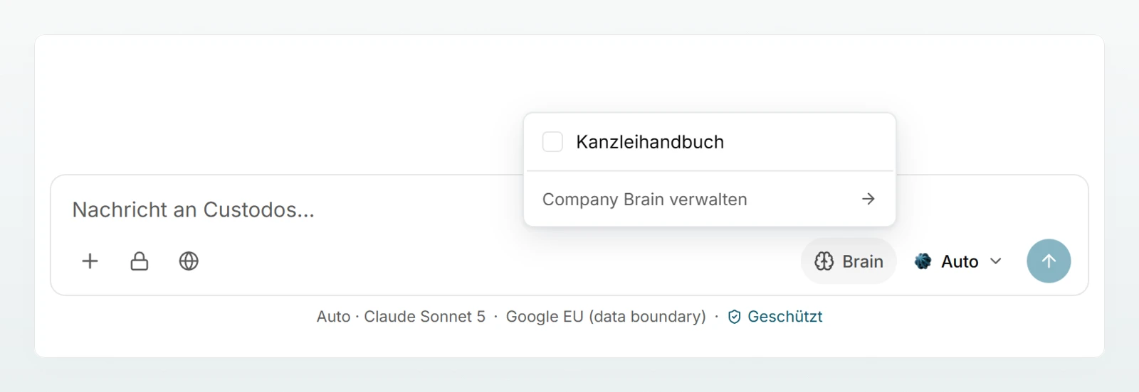 Das geöffnete Brain-Menü im Eingabefeld mit dem Kanzleihandbuch zum Ankreuzen und dem Link «Company Brain verwalten».