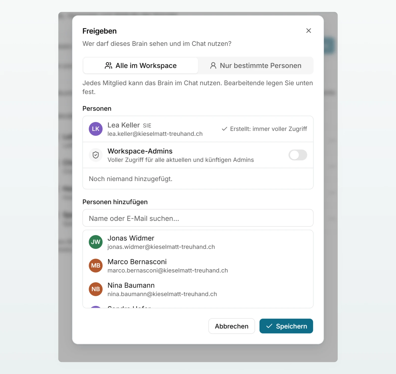 Der Dialog «Freigeben» des Kanzleihandbuchs mit «Alle im Workspace», Lea Keller als Erstellerin und dem Schalter «Workspace-Admins».