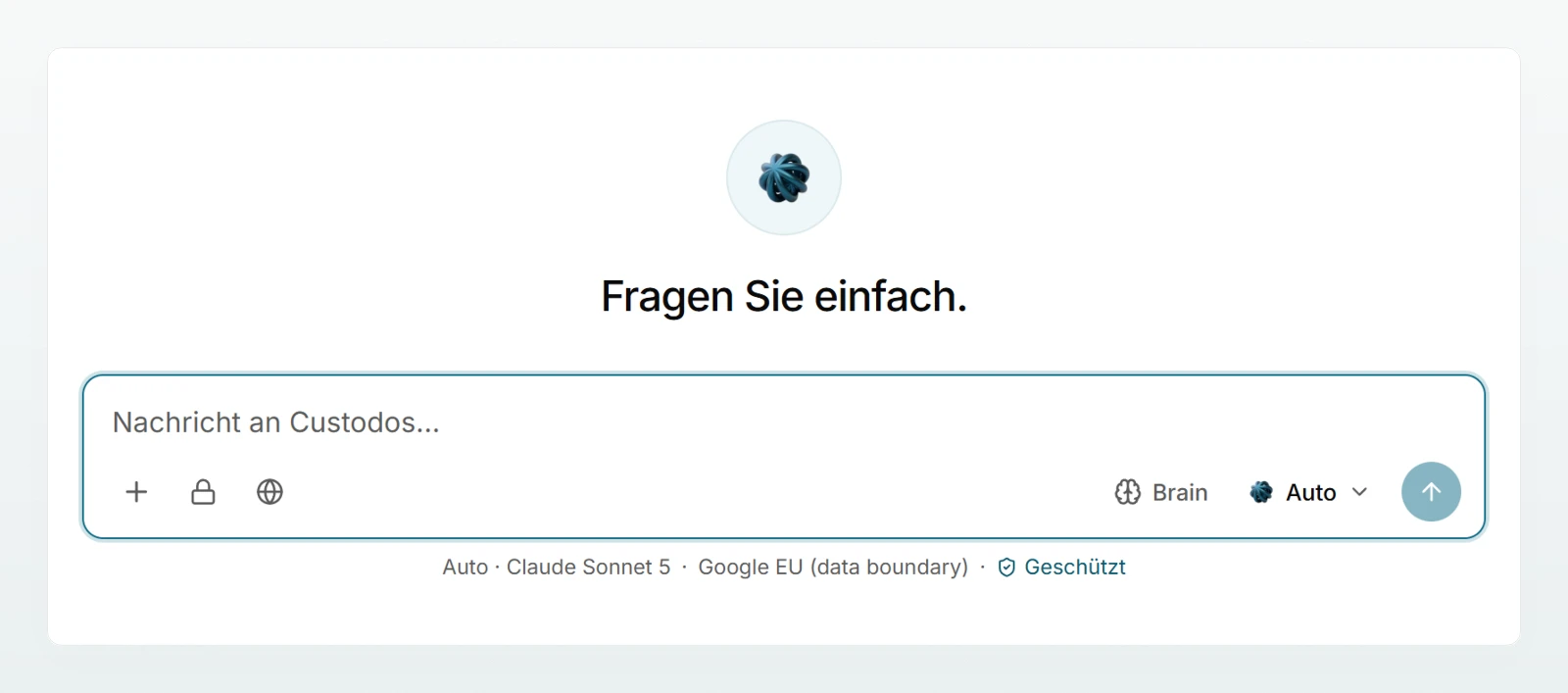 Ein neuer, leerer Chat mit Begrüssung, dem Eingabefeld mit seinen Werkzeugen und der Zeile mit Modell, Region und «Geschützt».