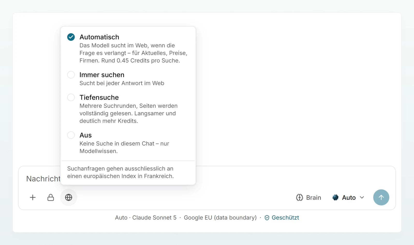 Das Menü der Websuche mit «Automatisch» (gewählt), «Immer suchen», «Tiefensuche» und «Aus» und dem Hinweis auf den europäischen Index.