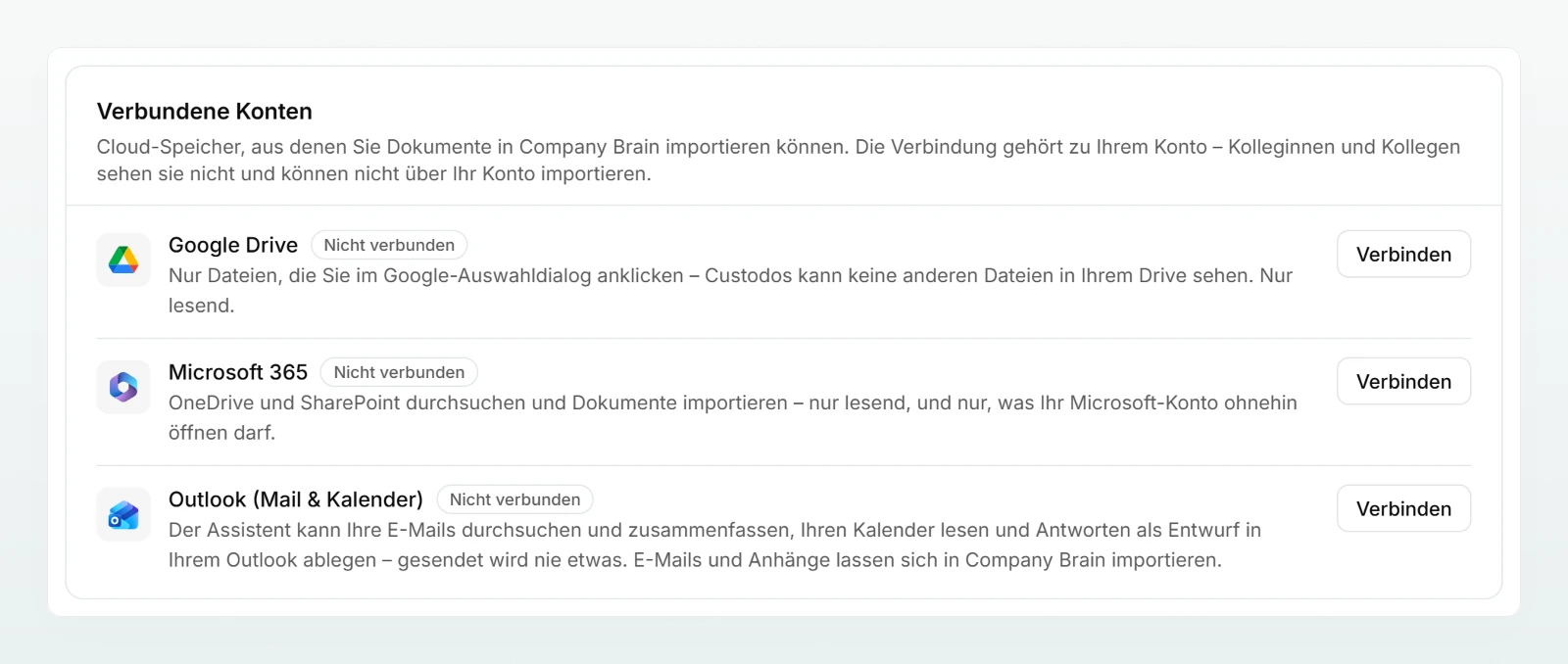 Die Karte «Verbundene Konten» mit den Zeilen «Google Drive», «Microsoft 365» und «Outlook (Mail & Kalender)», jede mit Status und Schaltfläche.