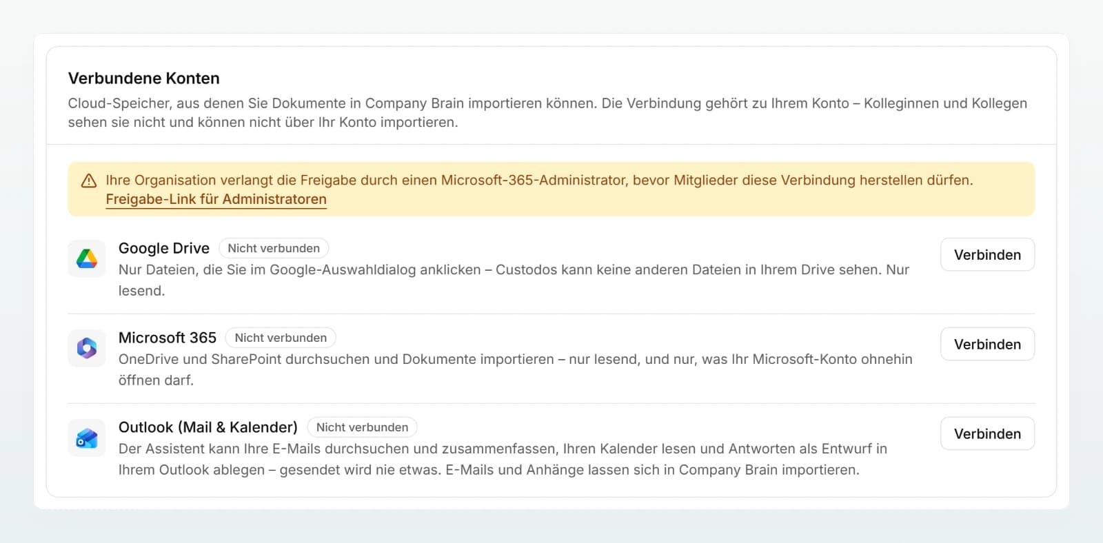 Die Karte «Verbundene Konten» mit dem Hinweis, dass ein Microsoft-365-Administrator zustimmen muss, und dem «Freigabe-Link für Administratoren».