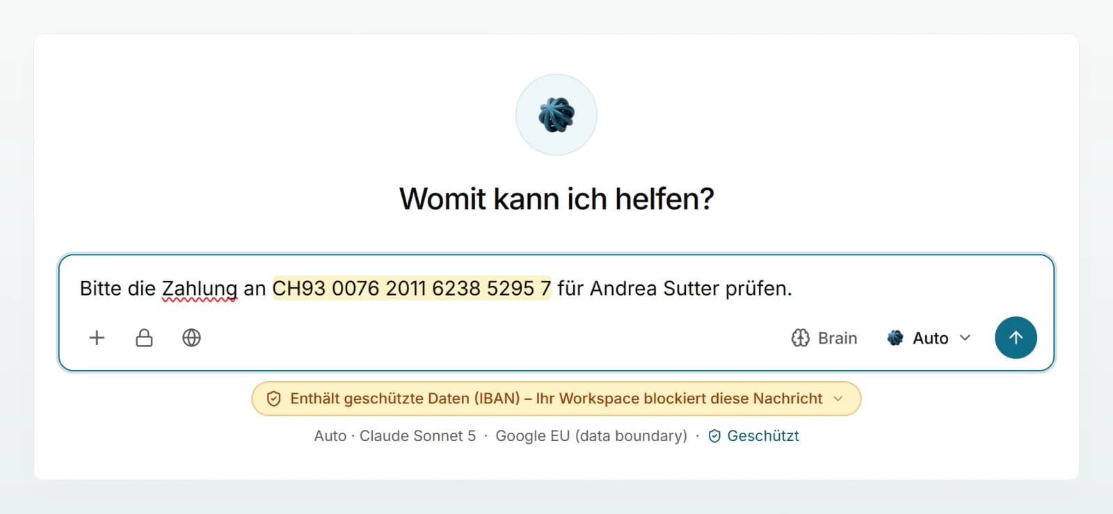 Ein Workspace im Modus «Blockieren»: Die IBAN im Eingabefeld ist markiert, und der Hinweis darunter meldet, dass die Nachricht blockiert wird.