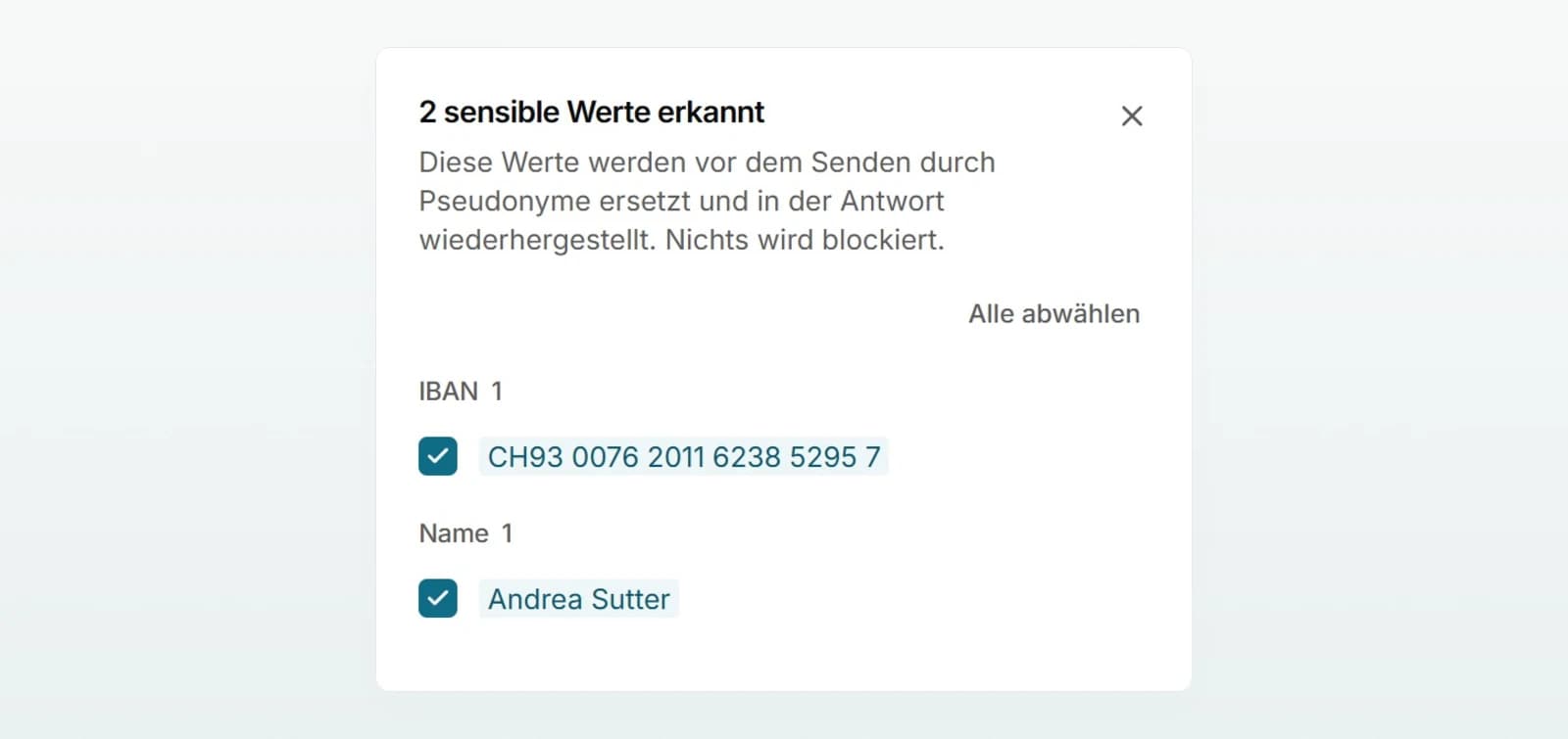 Das Prüffenster neben dem Chat mit dem erkannten Namen und der IBAN, beide angehakt, und dem Link «Alle abwählen».